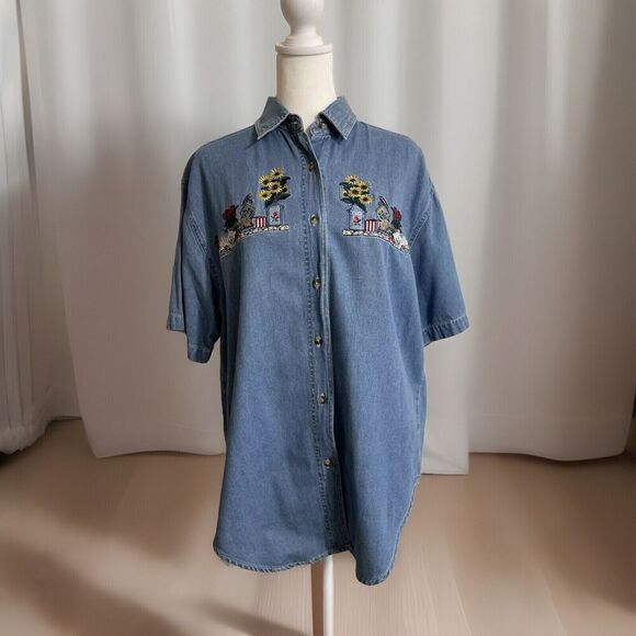 Vintage Embroidered Sunflower Cat Bird Button Front Short Sleeve Denim Shirt Med - Picture 1 of 14
